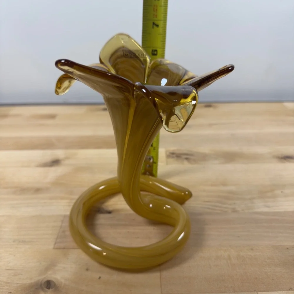 Murano Art Glass Lily Vase Amber Gold Swirl Spiral Base Made in Italy